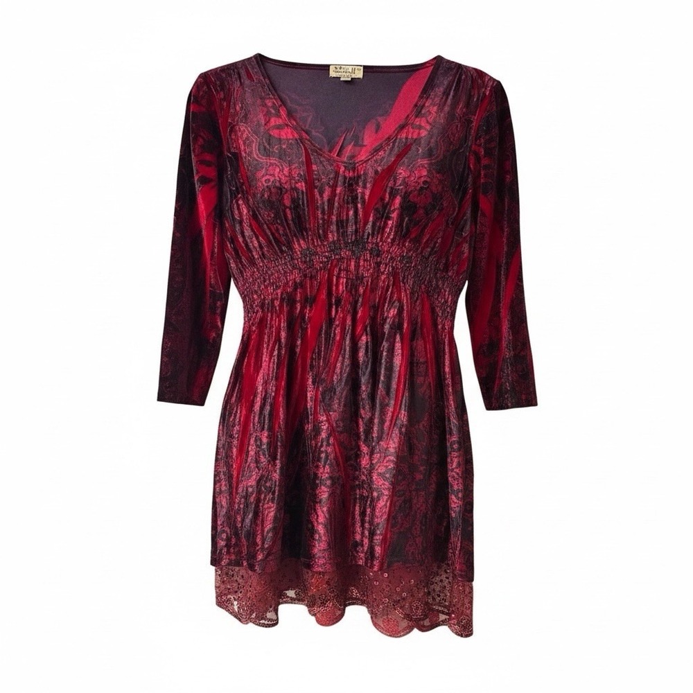 One World Red Velvet Babydoll Top Women’s Size M Sequin Hem Lined Romantic NWT